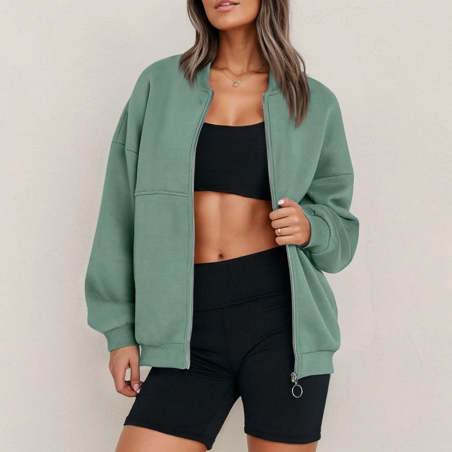 Oversized Zip Up Sweatshirt Women Bomber Fleece Zip Up Jacket Casual Athletic Workout Sweat Jackets with Pockets