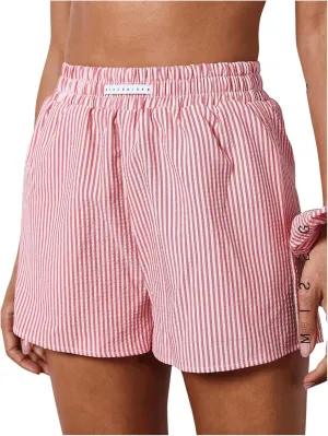 OYOANGLE Women's Striped Boxer Shorts Straight Leg Summer Shorts Loose Casual Lounge Shorts