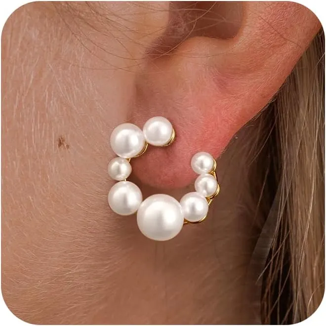 Pearl Earrings, Pearl Hoop Earrings for Women Trendy Gold Earrings 14K Gold Plated Pearl Huggie Drop Dangle Hoops Earrings Hypoallergenic Lightweight Dainty Earrings Jewelry for Women