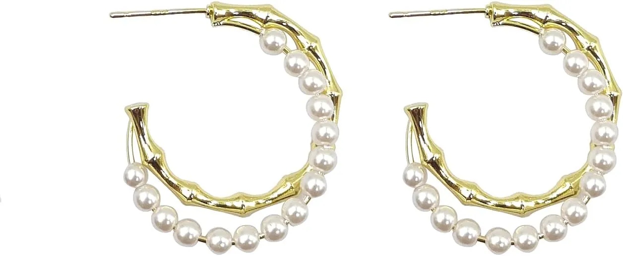Pearl Hoop Earrings for Women 14K Gold Plated Bamboo Hoop Earrings Dainty Small Pearl Huggie Hoop Earrings Hypoallergenic Jewelry Birthday Gift for Women