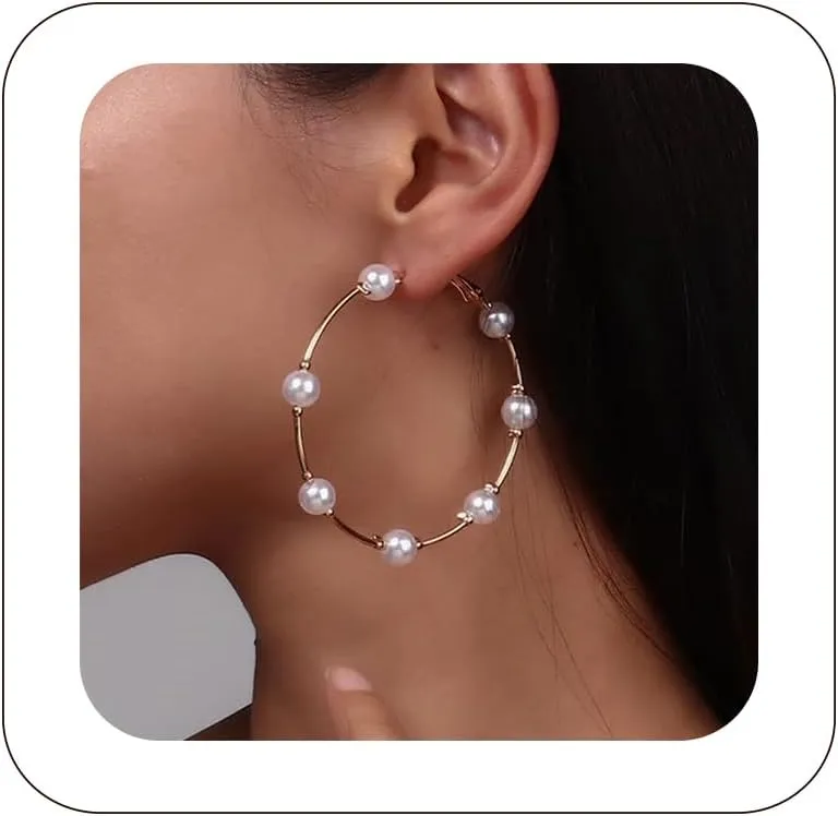 Pearl Hoop Earrings Large Hoops Circle White Pearls Earrings Gold Elegant Lightweight Drop Dangle Earrings Open Big Circle Round Pearl Earrings Jewelry Wedding Birthday Gift for Women