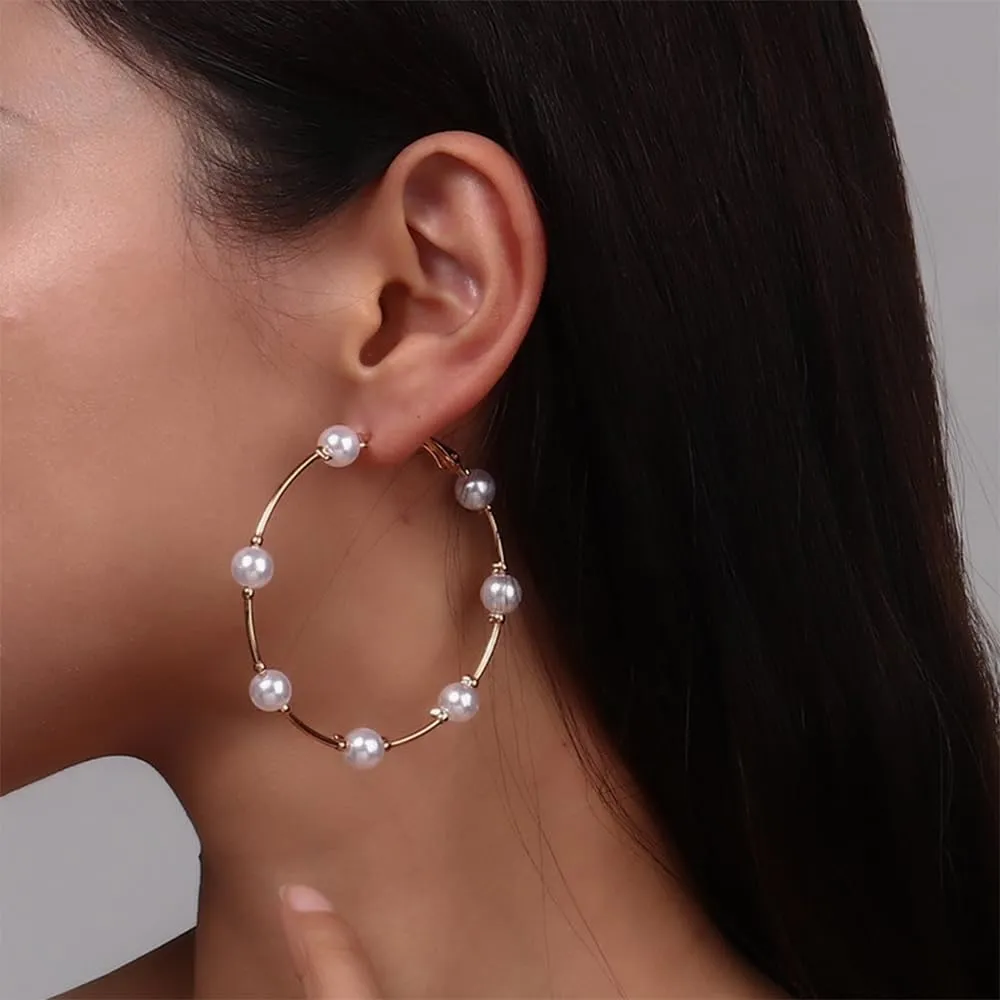 Pearl Hoop Earrings Large Hoops Circle White Pearls Earrings Gold Elegant Lightweight Drop Dangle Earrings Open Big Circle Round Pearl Earrings Jewelry Wedding Birthday Gift for Women