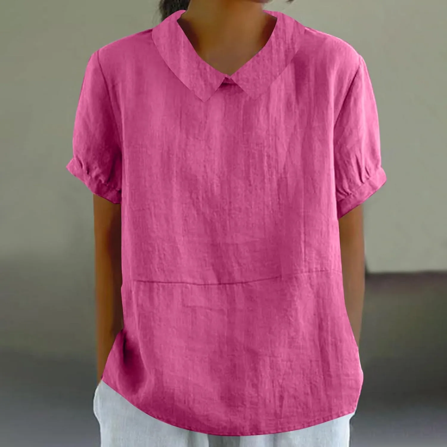 Peter Pan Collar Shirts for Women Short Sleeve Cotton Linen Blouse Summer Casual Plain Tunic Tops Teen Girls T Shirts