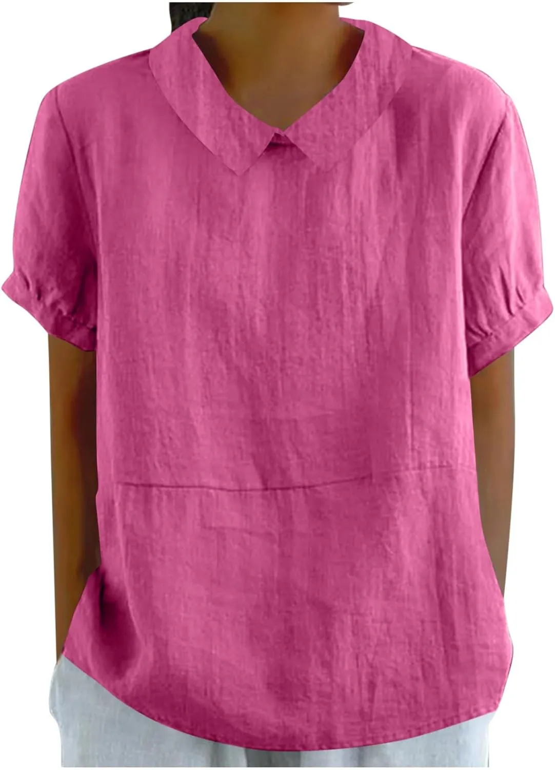 Peter Pan Collar Shirts for Women Short Sleeve Cotton Linen Blouse Summer Casual Plain Tunic Tops Teen Girls T Shirts