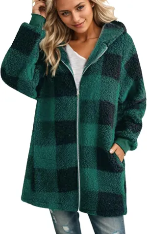PETYCZEN Fleece Jacket Women Zip Up Fuzzy Sherpa Plaid Jacket with Hood Plus Size Teddy Coats Warm Fluffy Cardigan Jakcet