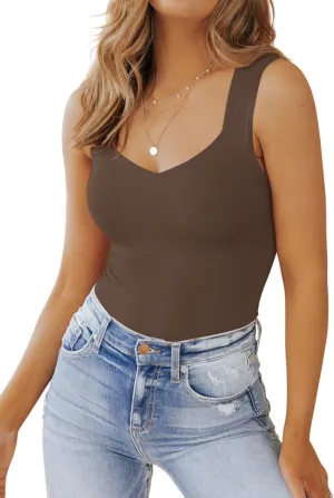 PINKMSTYLE Women's Basic Double Lined V Neck Tank Tops Sleeveless Shirts Slimming Summer Tops