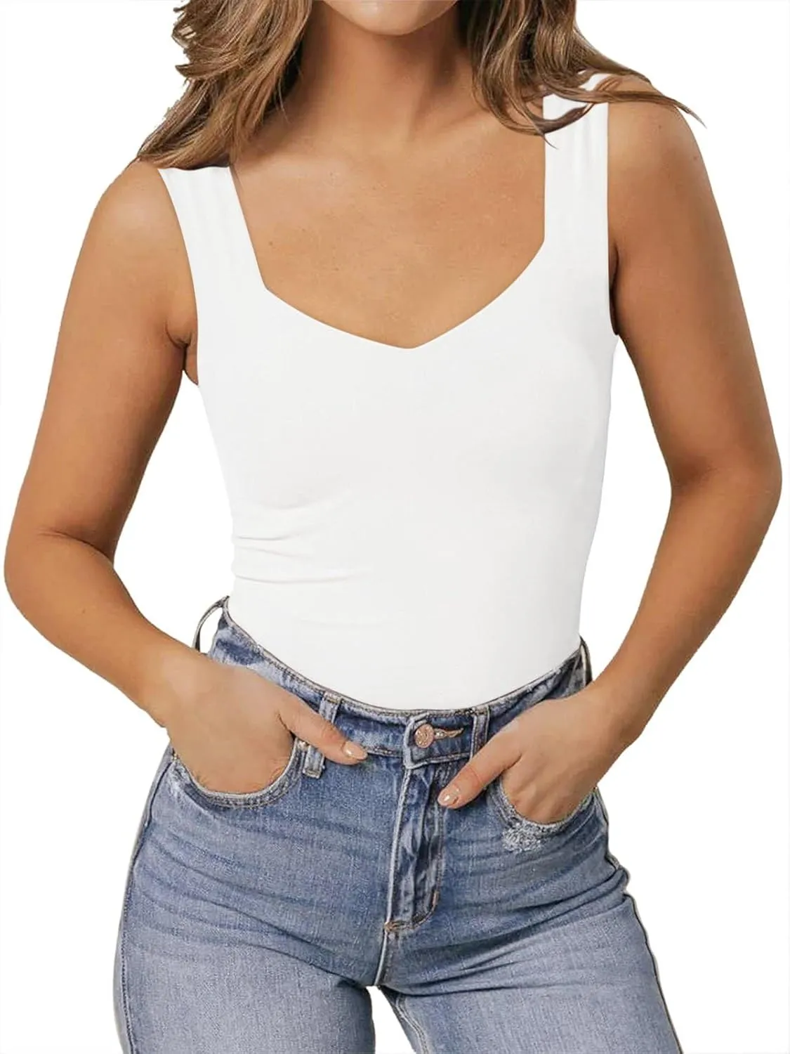 PINKMSTYLE Women's Basic Double Lined V Neck Tank Tops Sleeveless Shirts Slimming Summer Tops