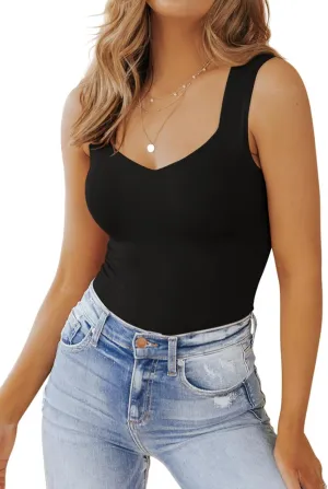 PINKMSTYLE Women's Basic Double Lined V Neck Tank Tops Sleeveless Shirts Slimming Summer Tops