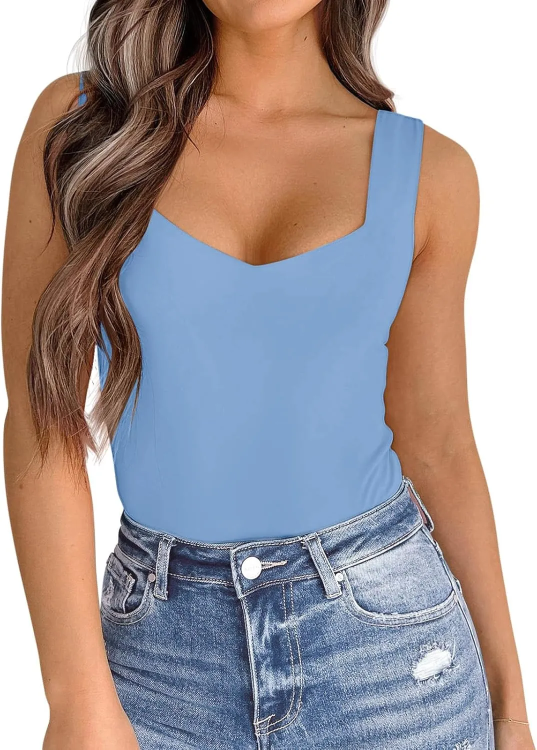 PINKMSTYLE Women's Basic Double Lined V Neck Tank Tops Sleeveless Shirts Slimming Summer Tops