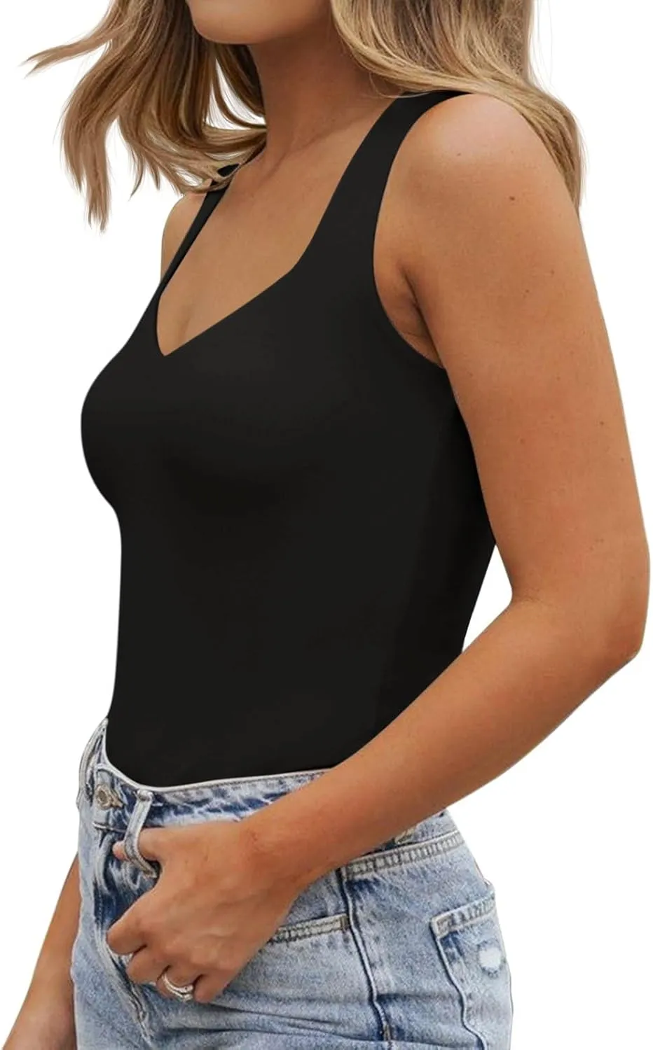PINKMSTYLE Women's Basic Double Lined V Neck Tank Tops Sleeveless Shirts Slimming Summer Tops