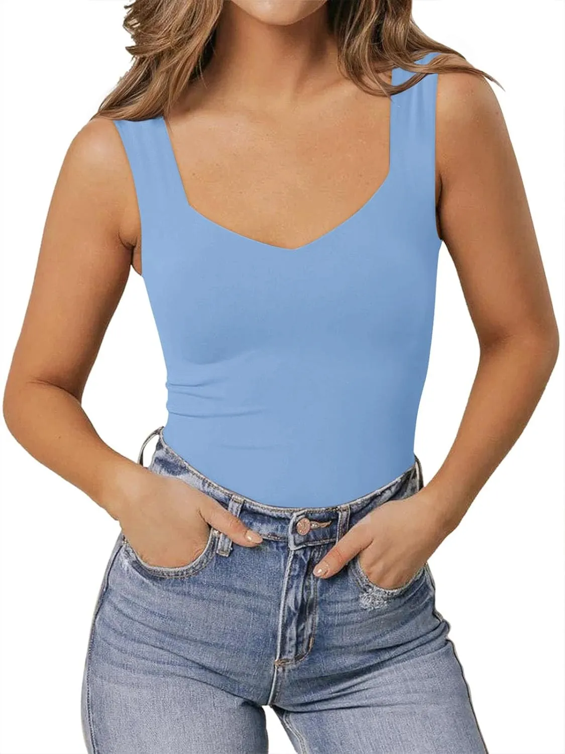 PINKMSTYLE Women's Basic Double Lined V Neck Tank Tops Sleeveless Shirts Slimming Summer Tops