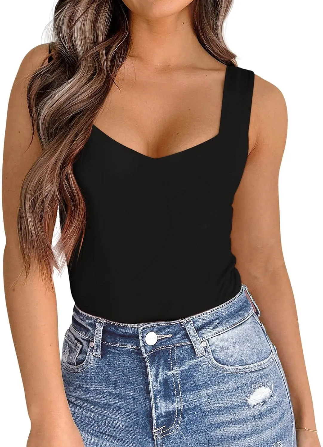 PINKMSTYLE Women's Basic Double Lined V Neck Tank Tops Sleeveless Shirts Slimming Summer Tops