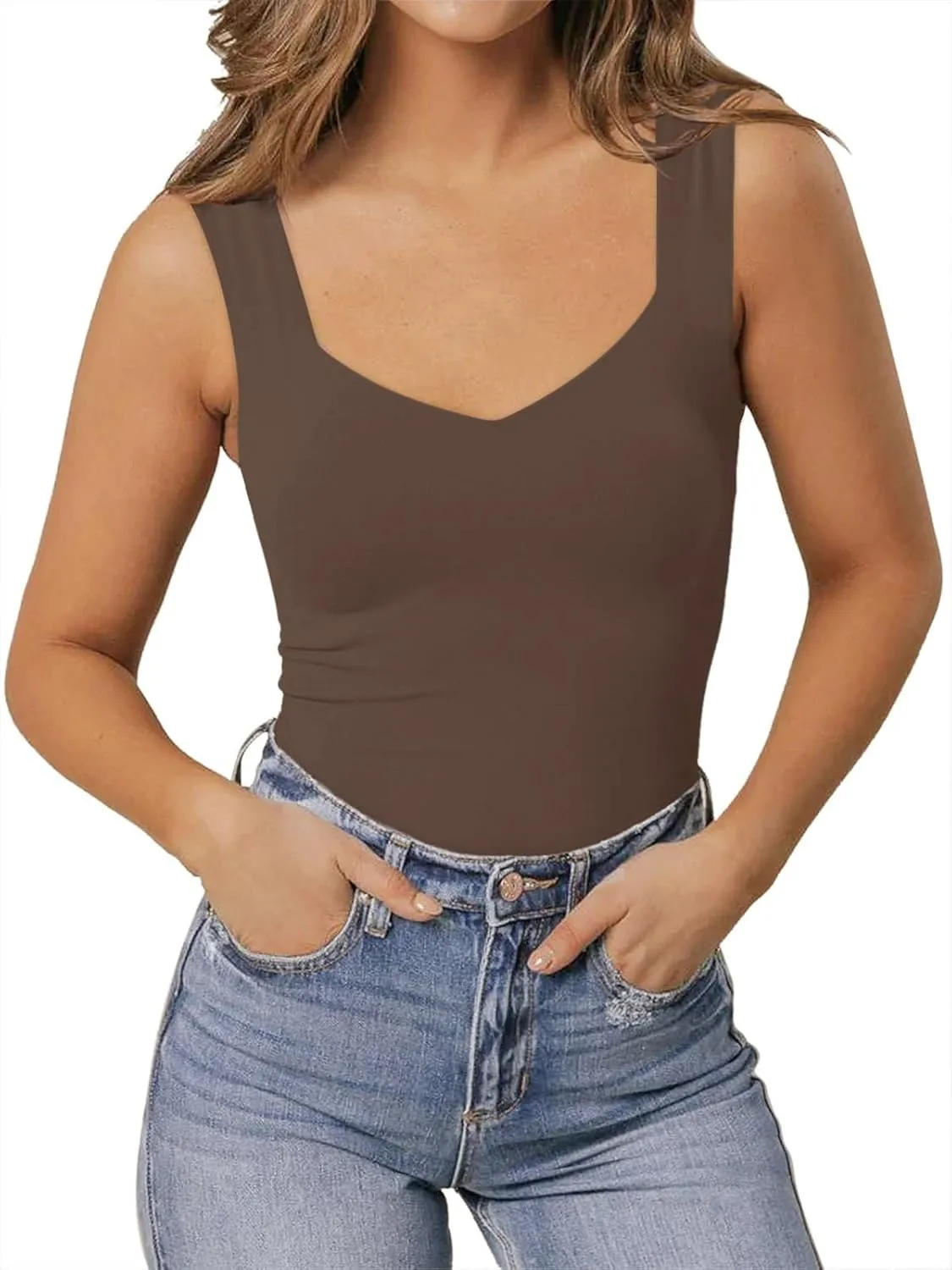 PINKMSTYLE Women's Basic Double Lined V Neck Tank Tops Sleeveless Shirts Slimming Summer Tops