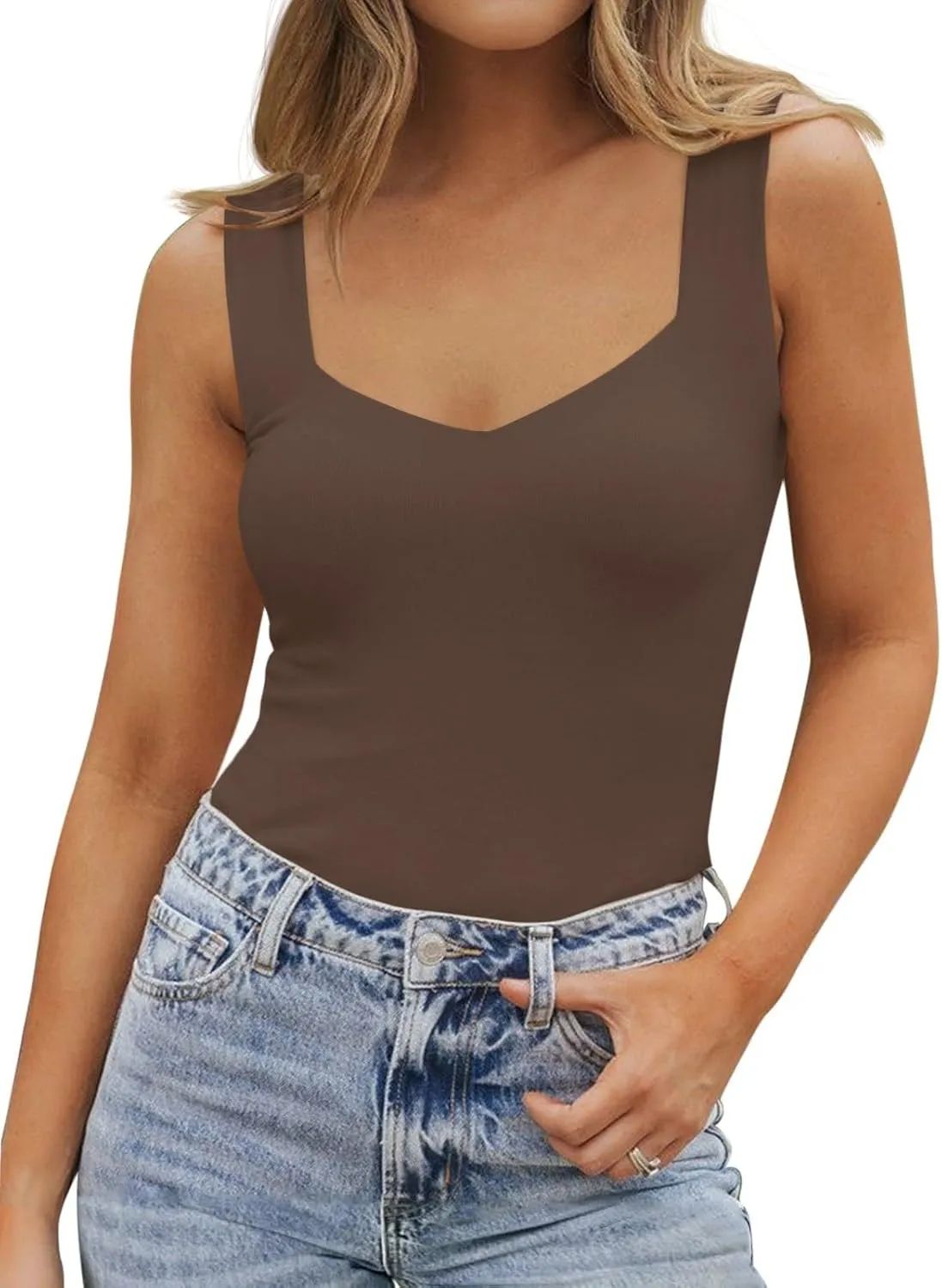 PINKMSTYLE Women's Basic Double Lined V Neck Tank Tops Sleeveless Shirts Slimming Summer Tops