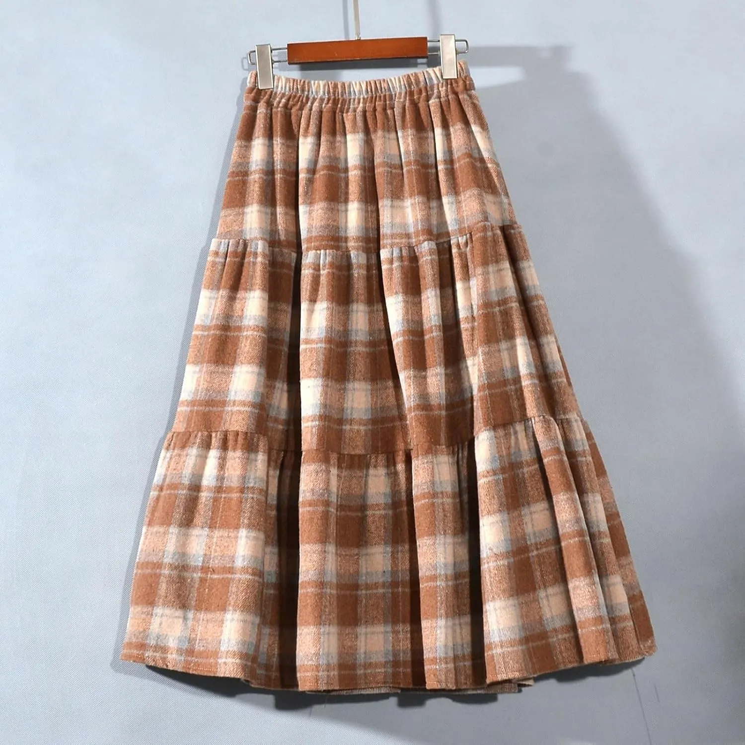 Plaid Skirt for Womens Elastic High Waisted A-Line Pleated Long Skirts 2025 Fashion Loose Vintage Knee Length Skirts