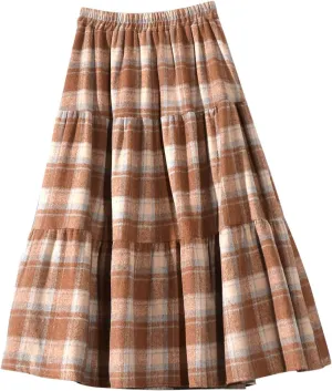 Plaid Skirt for Womens Elastic High Waisted A-Line Pleated Long Skirts 2025 Fashion Loose Vintage Knee Length Skirts