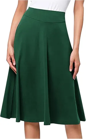 Pleated Midi Skirts for Women, 2024 Summer Fashion Long High Waisted Flare Casual Stretch Knit Knee Length Skirt