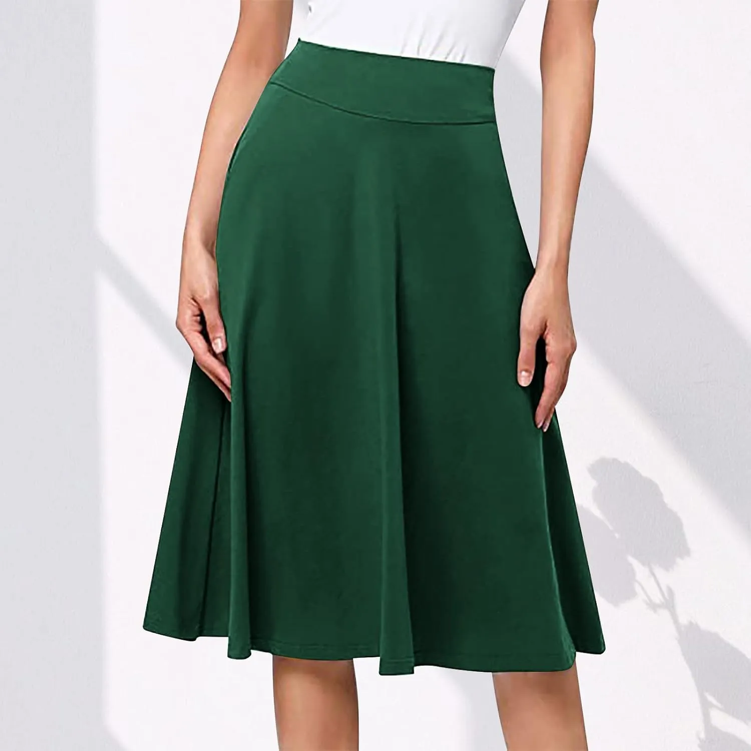 Pleated Midi Skirts for Women, 2024 Summer Fashion Long High Waisted Flare Casual Stretch Knit Knee Length Skirt