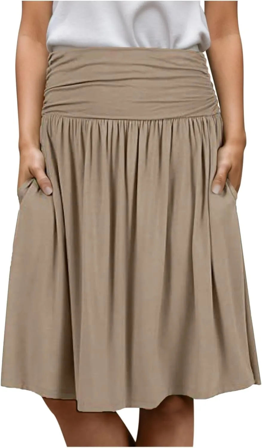 Pleated Midi Skirts for Women 2025 Summer High Waisted Solid Color Flowy A-Line Skirt with Pockets