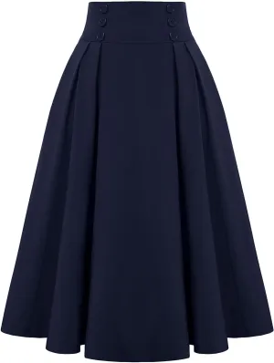 Pleated Midi Skirts for Women High Waisted A-Line Pleated Skirts Elastic Knee Length Casual Flowy Swing Flared Skirt