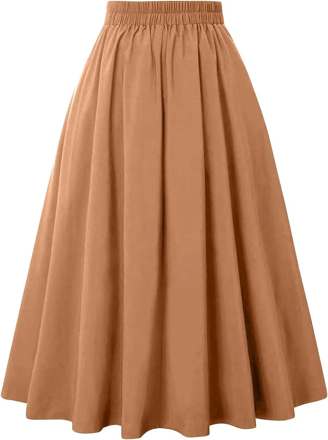 Pleated Midi Skirts for Women High Waisted A-Line Pleated Skirts Elastic Knee Length Casual Flowy Swing Flared Skirt