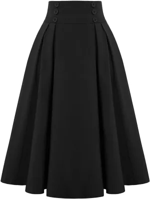 Pleated Midi Skirts for Women High Waisted A-Line Pleated Skirts Elastic Knee Length Casual Flowy Swing Flared Skirt