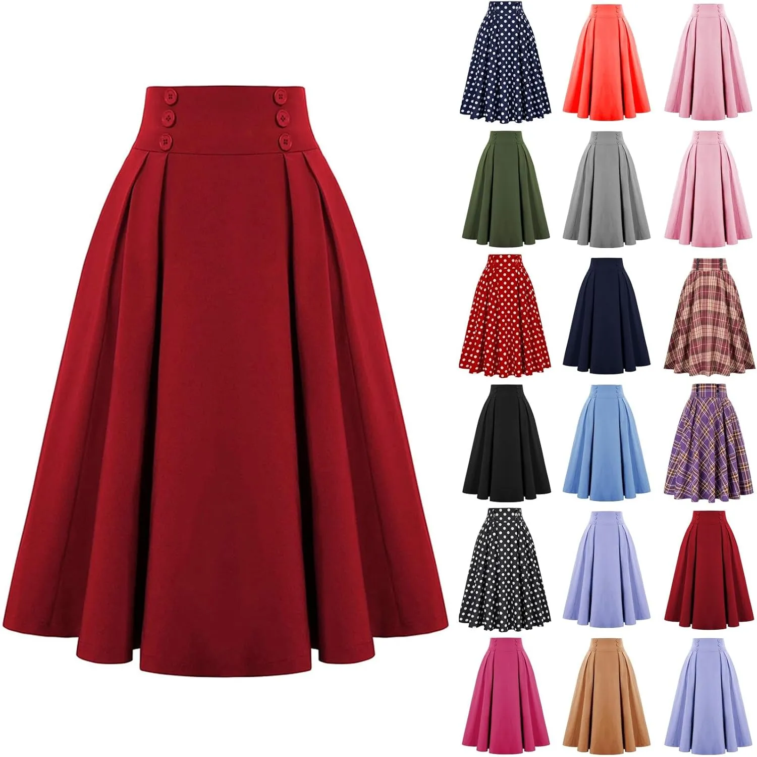 Pleated Midi Skirts for Women High Waisted A-Line Pleated Skirts Elastic Knee Length Casual Flowy Swing Flared Skirt