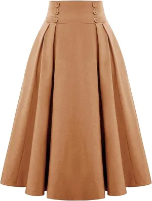 Pleated Midi Skirts for Women High Waisted A-Line Pleated Skirts Elastic Knee Length Casual Flowy Swing Flared Skirt