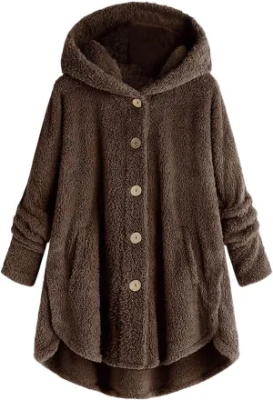 Plus Size Cardigan for Women Loose Button Down Hooded Sweater Long Sleeve Solid Fuzzy Jacket Coat 2024 Fall Winter