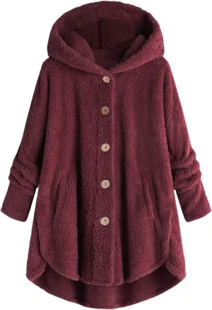 Plus Size Cardigan for Women Loose Button Down Hooded Sweater Long Sleeve Solid Fuzzy Jacket Coat 2024 Fall Winter