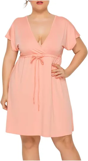 Plus Size Dress for Women Summer Casual Loose Fit Deep V Short Sleeve Elegant Dresses Solid Color Pleated Mini Dress