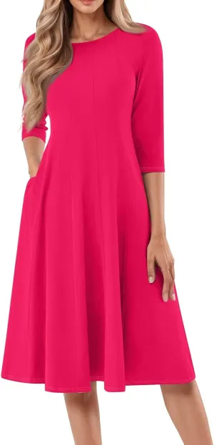 Plus Size Dresses for Curvy Women Summer Casual Loose Trendy Crew Neck 3/4 Sleeve Solid Midi Dress 2025, S-3XL