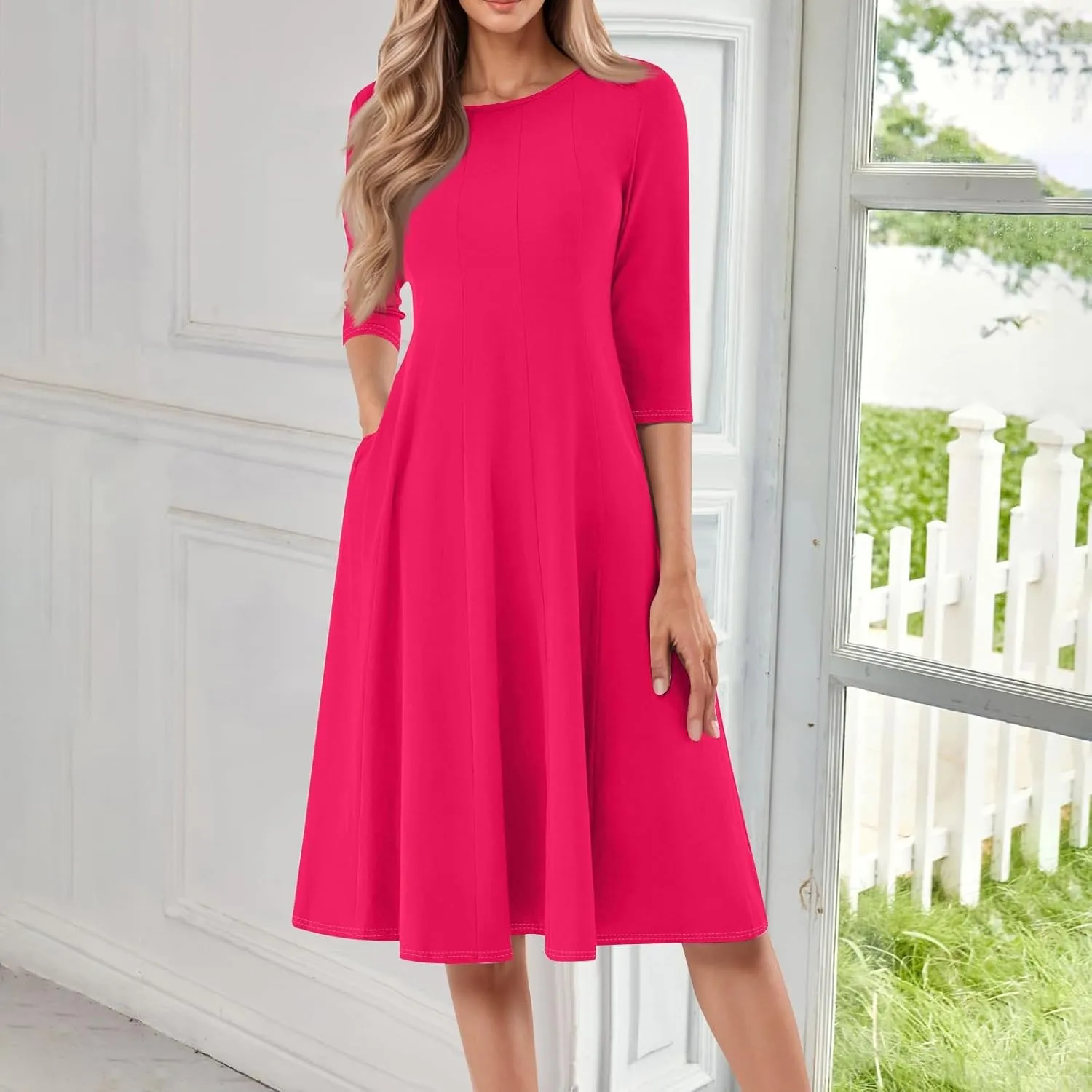 Plus Size Dresses for Curvy Women Summer Casual Loose Trendy Crew Neck 3/4 Sleeve Solid Midi Dress 2025, S-3XL