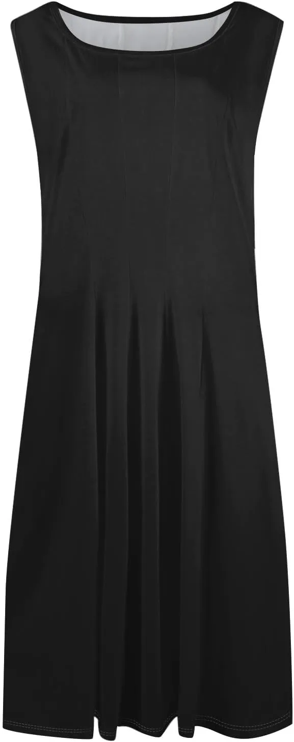 Plus Size Dresses for Curvy Women Summer Midi Sleeveless Pleated Dresses Crew Neck Club A Line Dress with Pocket
