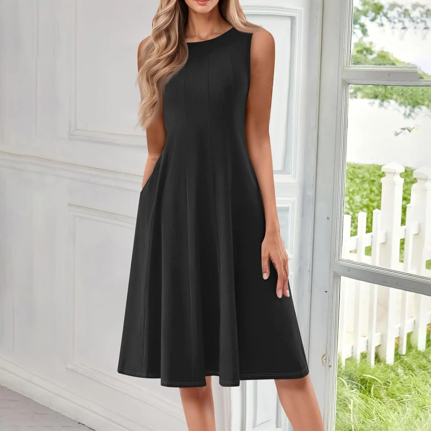 Plus Size Dresses for Curvy Women Summer Midi Sleeveless Pleated Dresses Crew Neck Club A Line Dress with Pocket