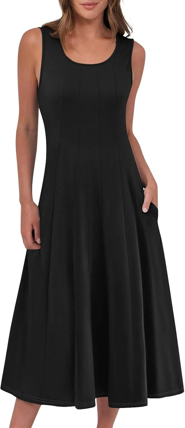 Plus Size Dresses for Curvy Women Summer Midi Sleeveless Pleated Dresses Crew Neck Club A Line Dress with Pocket