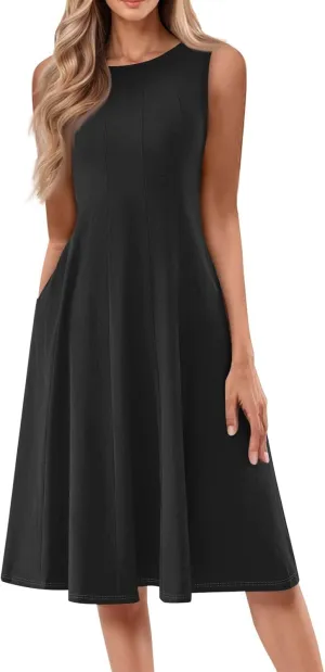 Plus Size Dresses for Curvy Women Summer Midi Sleeveless Pleated Dresses Crew Neck Club A Line Dress with Pocket