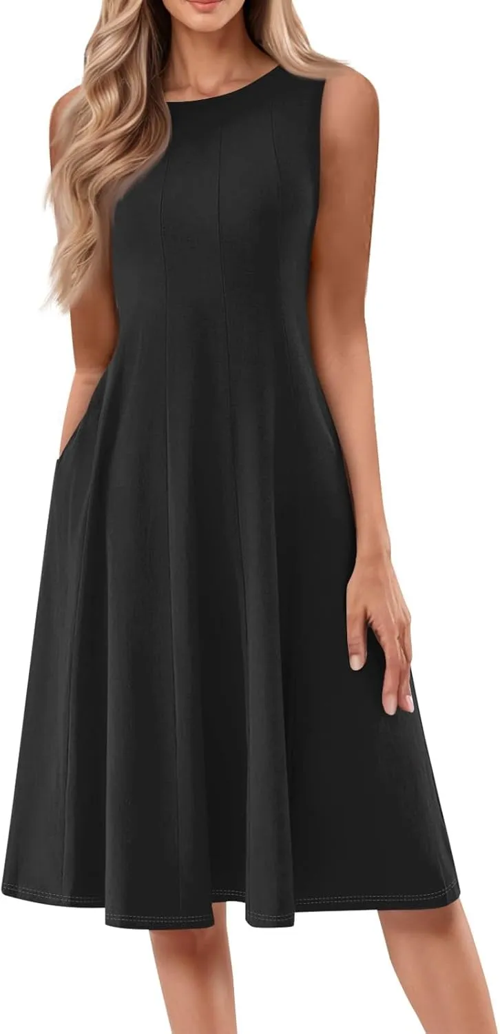 Plus Size Dresses for Curvy Women Summer Midi Sleeveless Pleated Dresses Crew Neck Club A Line Dress with Pocket