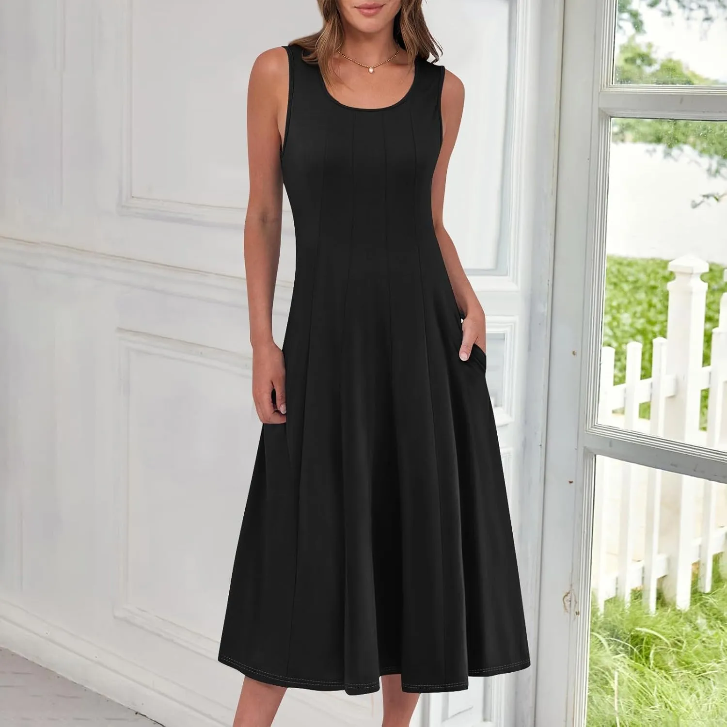 Plus Size Dresses for Curvy Women Summer Midi Sleeveless Pleated Dresses Crew Neck Club A Line Dress with Pocket