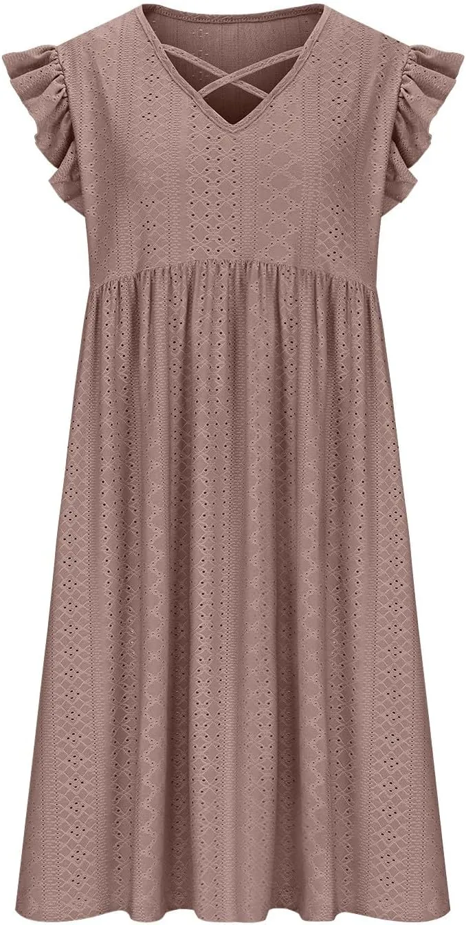 Plus Size Dresses for Women Summer Ruffle Cap Sleeve Cross V Neck Embroidered Eyelet Pleated A Line Knee Length Dress