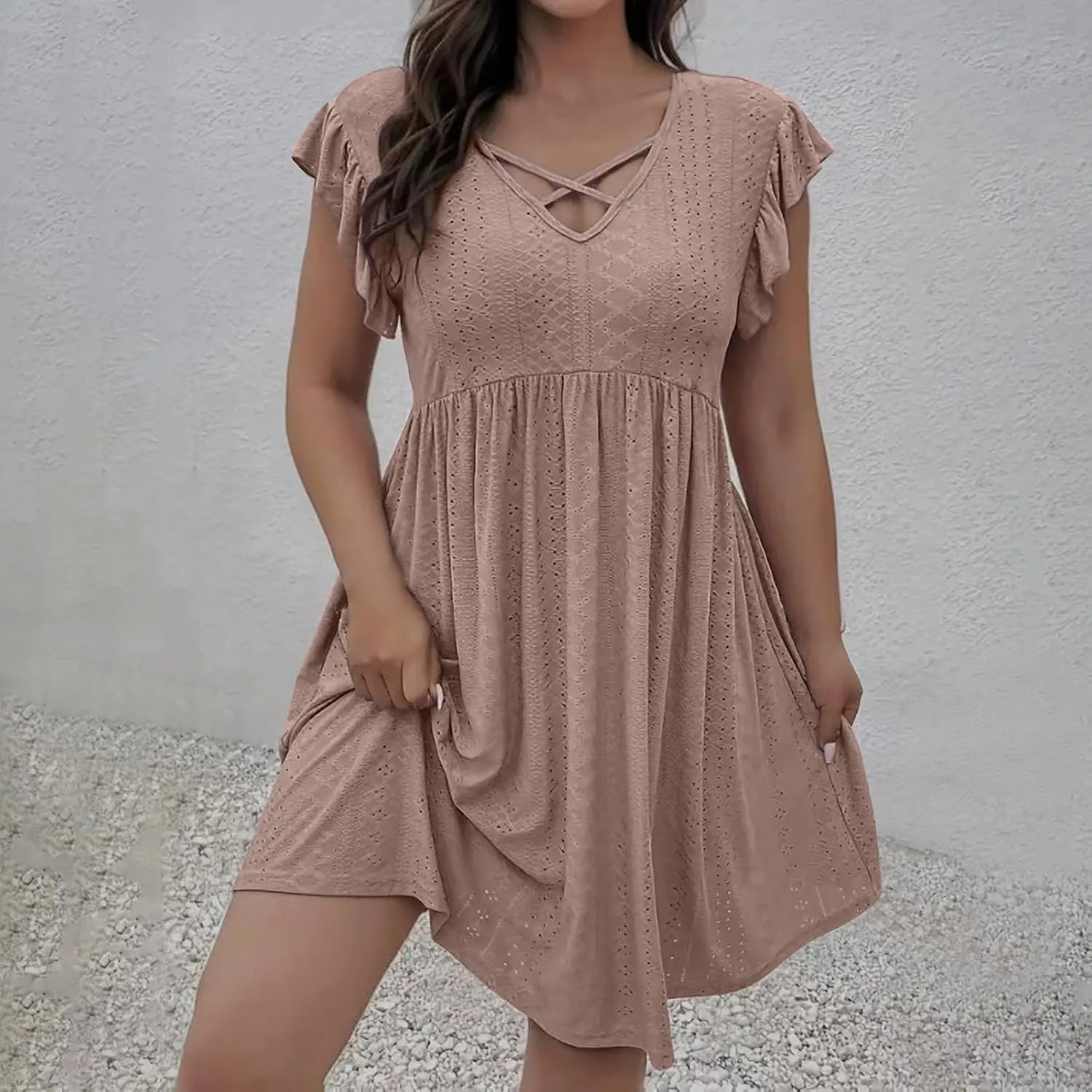 Plus Size Dresses for Women Summer Ruffle Cap Sleeve Cross V Neck Embroidered Eyelet Pleated A Line Knee Length Dress