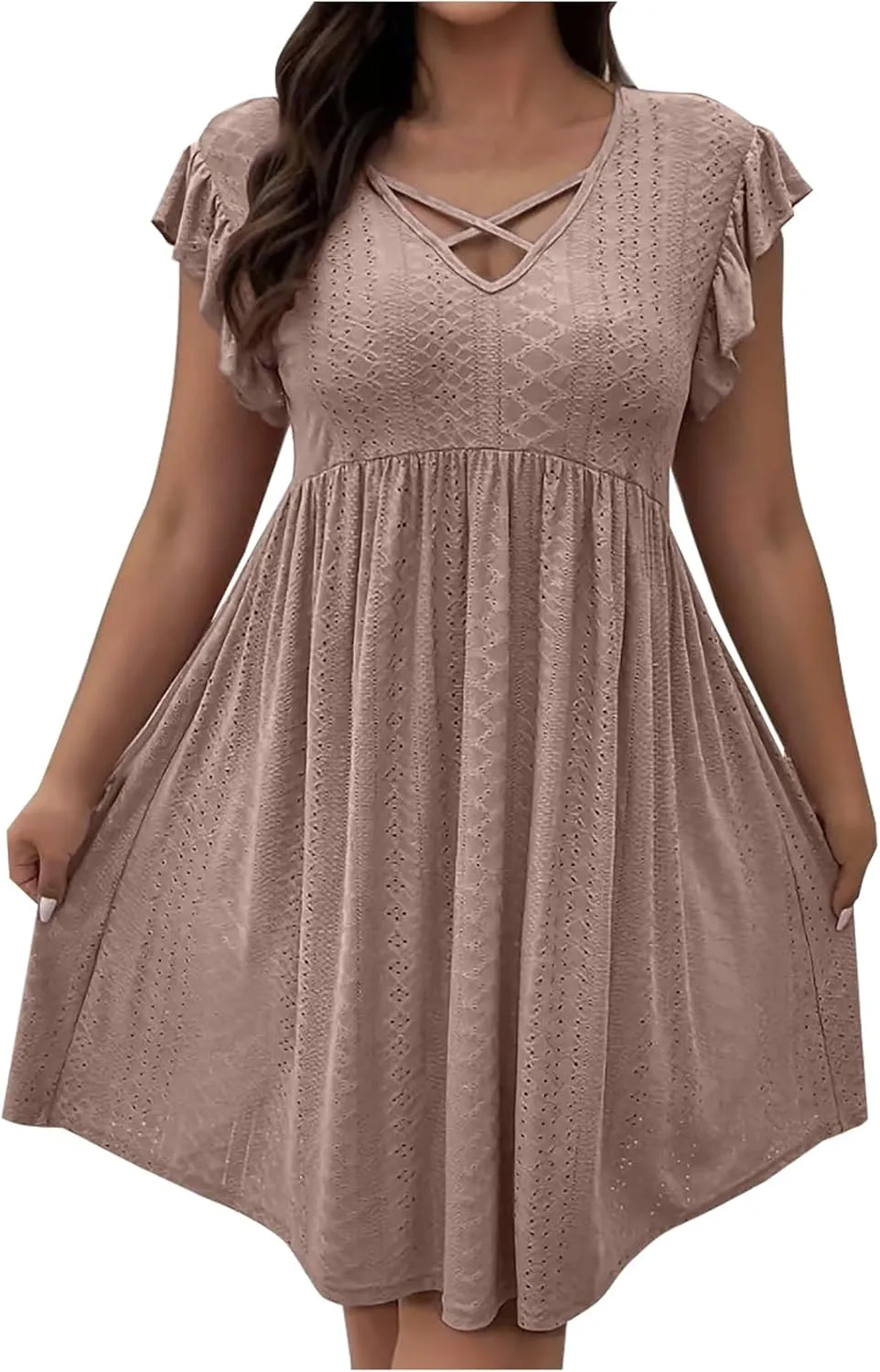 Plus Size Dresses for Women Summer Ruffle Cap Sleeve Cross V Neck Embroidered Eyelet Pleated A Line Knee Length Dress