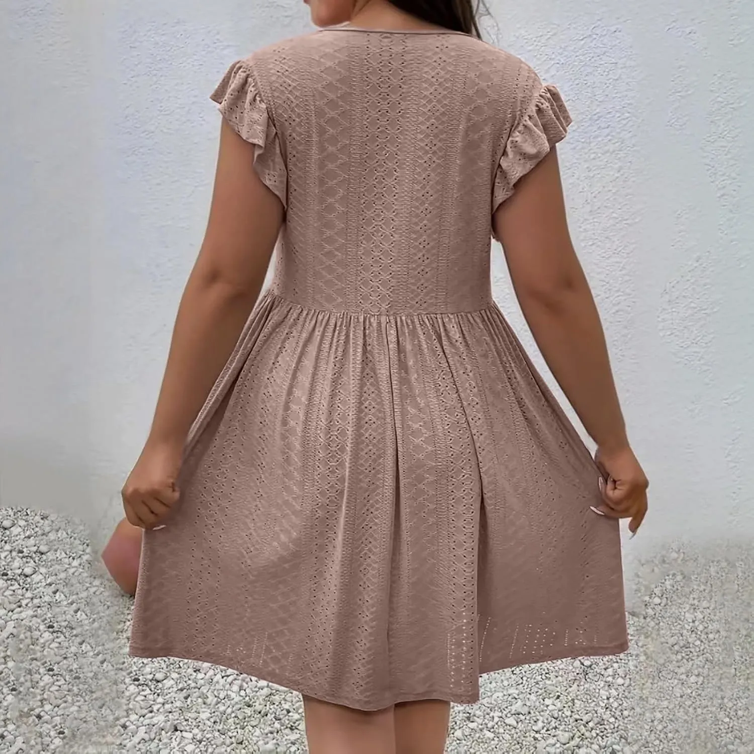 Plus Size Dresses for Women Summer Ruffle Cap Sleeve Cross V Neck Embroidered Eyelet Pleated A Line Knee Length Dress