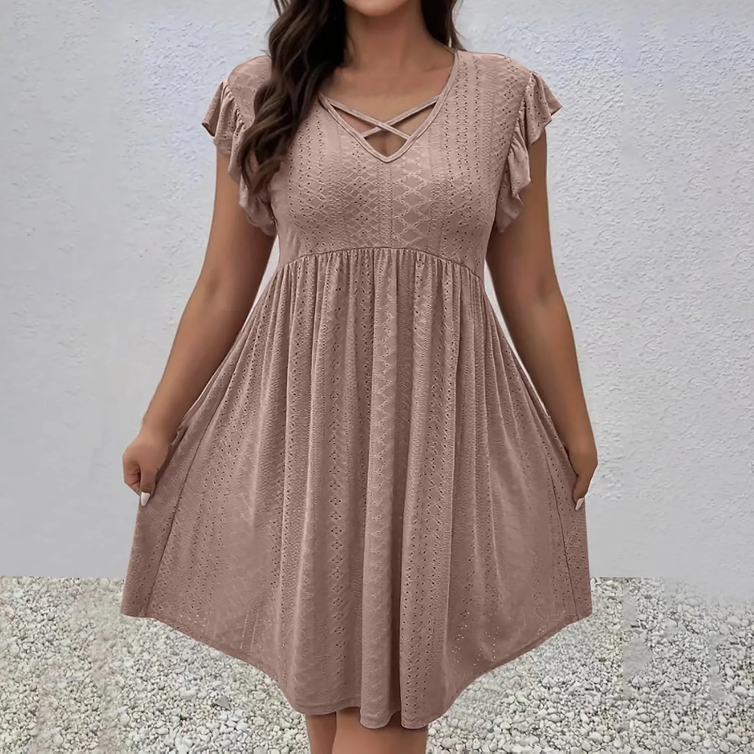 Plus Size Dresses for Women Summer Ruffle Cap Sleeve Cross V Neck Embroidered Eyelet Pleated A Line Knee Length Dress