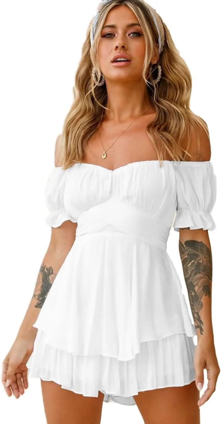 Plustrong Womens Boho Romper Off Shoulder Short Sleeve Ruffle Hem Chiffon Tie Back Short Jumpsuits