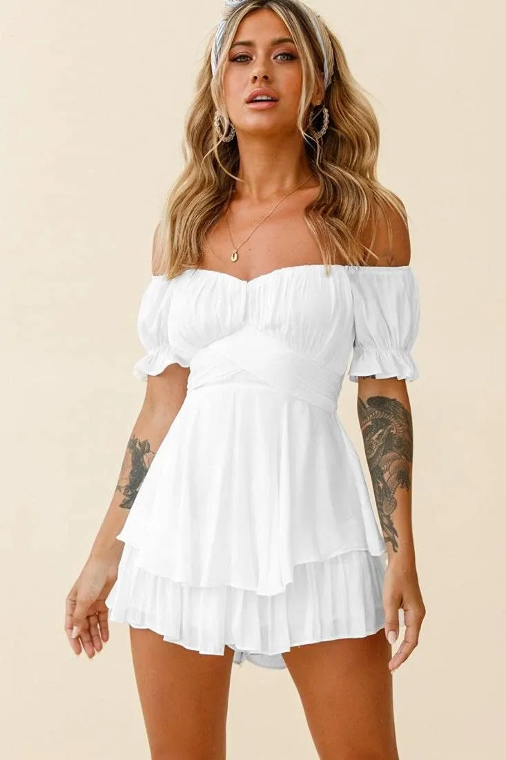 Plustrong Womens Boho Romper Off Shoulder Short Sleeve Ruffle Hem Chiffon Tie Back Short Jumpsuits