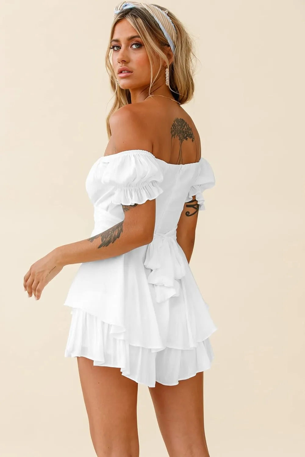 Plustrong Womens Boho Romper Off Shoulder Short Sleeve Ruffle Hem Chiffon Tie Back Short Jumpsuits