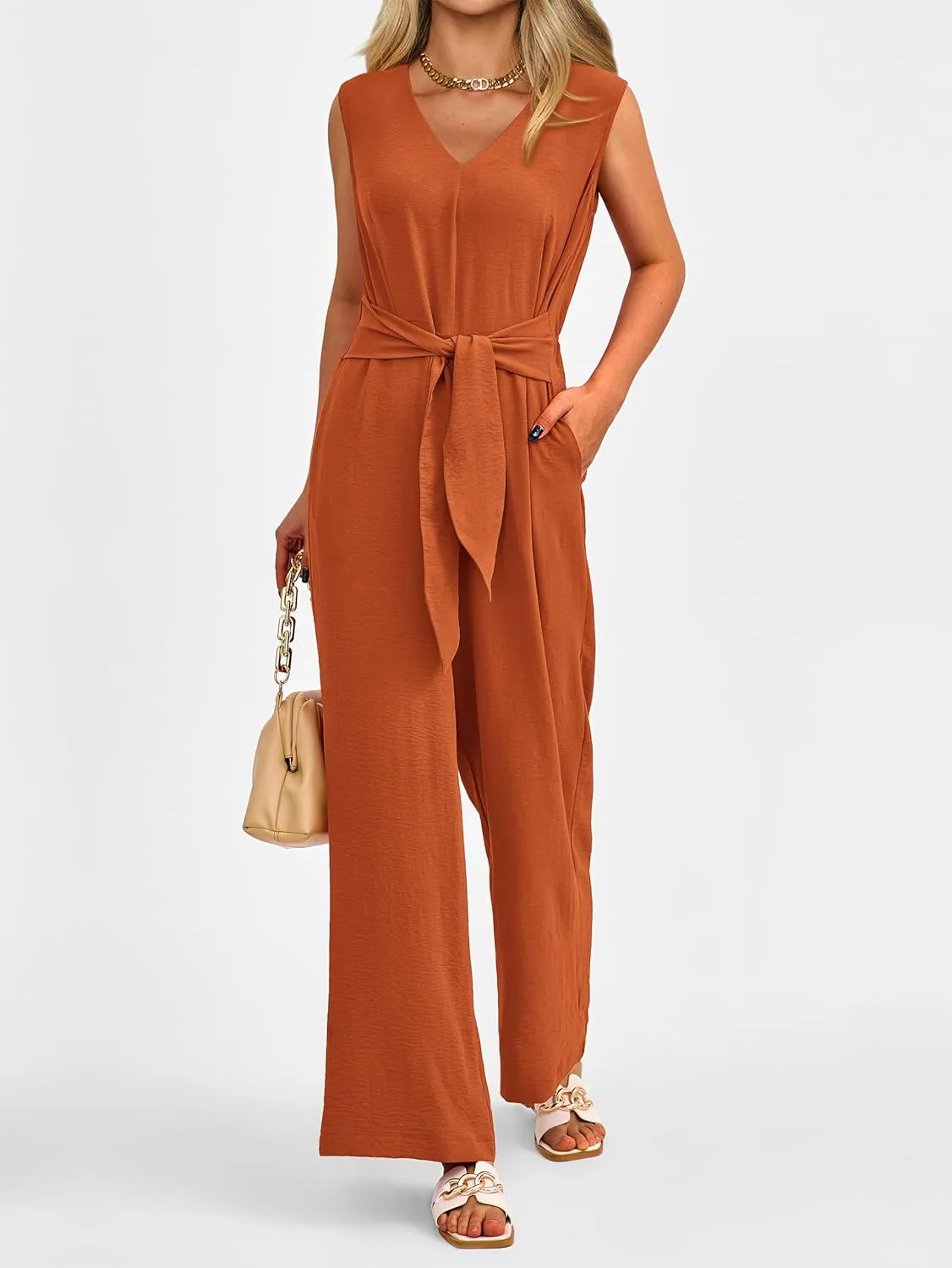 PRETTYGARDEN Summer Outfits 2025 Wide Leg Jumpsuits for Women Casual V Neck Sleeveless Belted High Waist Long Pants Rompers
