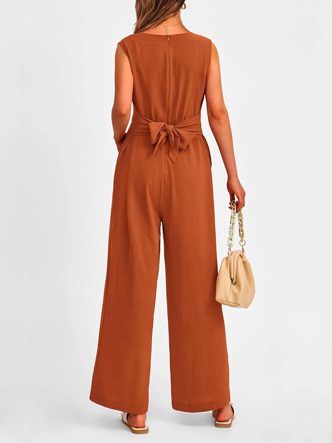 PRETTYGARDEN Summer Outfits 2025 Wide Leg Jumpsuits for Women Casual V Neck Sleeveless Belted High Waist Long Pants Rompers