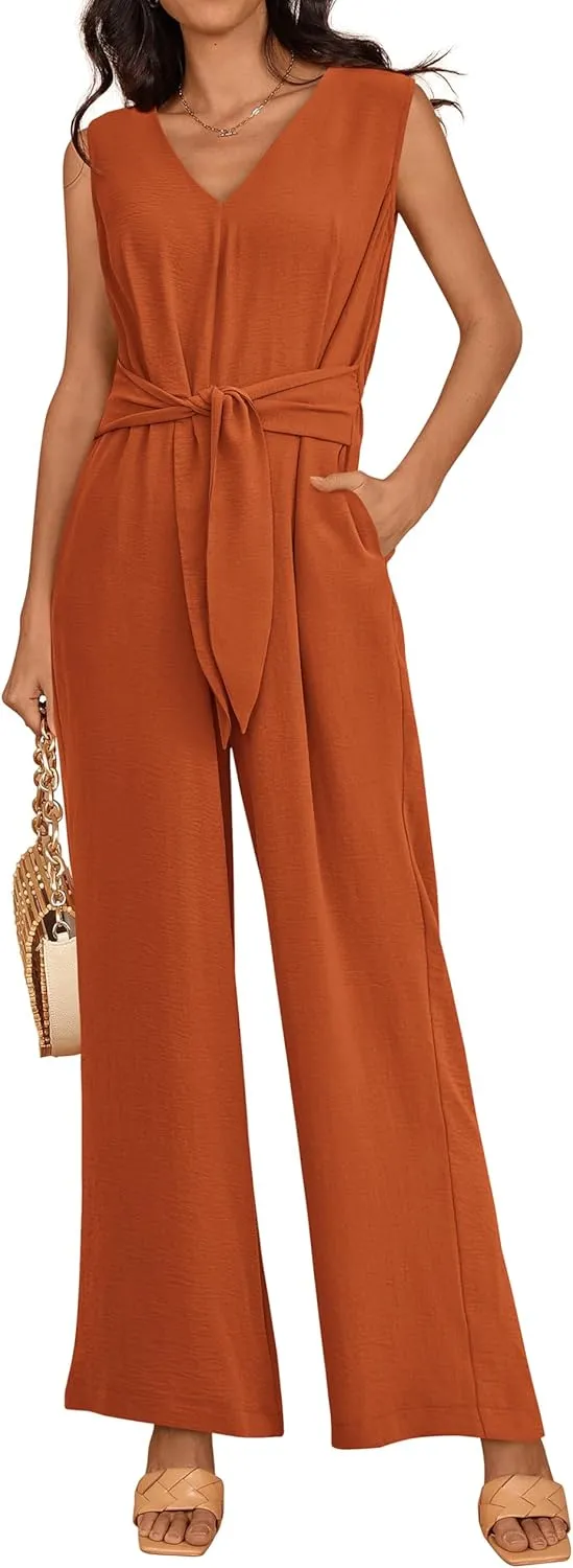 PRETTYGARDEN Summer Outfits 2025 Wide Leg Jumpsuits for Women Casual V Neck Sleeveless Belted High Waist Long Pants Rompers